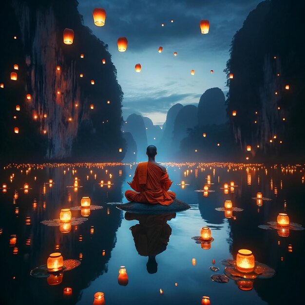 Meditator in Saffron Robe Twilight Serene Water Floating Lanterns