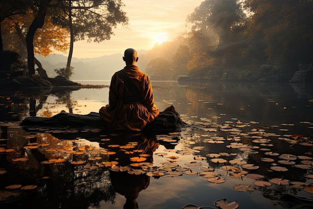 Mediterende monnik in een serene tuin aan de reflecterende rand van het meer omringd door generatieve IA