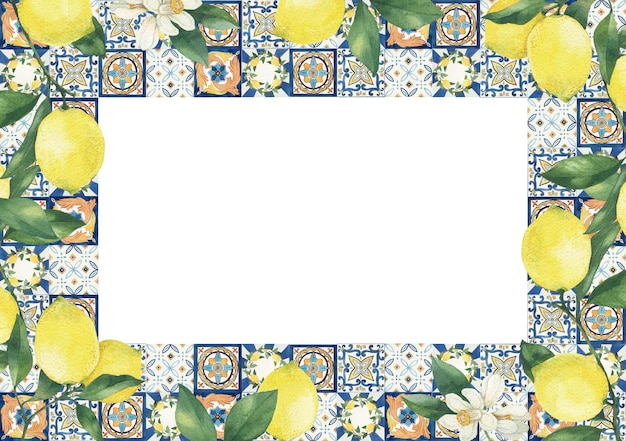 Mediterraan frame met citroenen en traditionele tegels aquarel illustratie geïsoleerd op wit