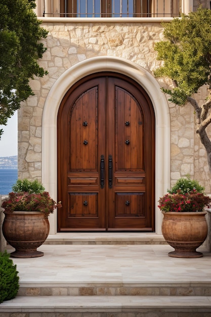 mediterrane villa met houten deur en planten