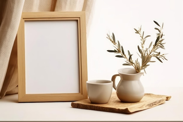 Mediterranean Breakfast Still Life with Coffee Books and Empty Wooden Picture Frame on Desk