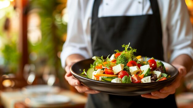 a Mediterranean Cuisine Greek Salad Waiter serving in motion on duty in restaurant The waiter carries dishes