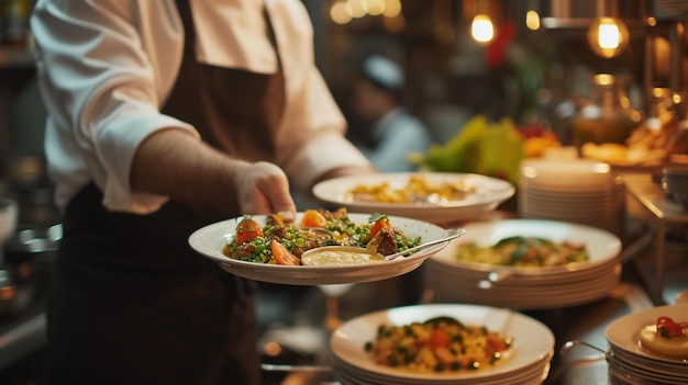 Photo a mediterranean cuisine hummus waiter serving in motion on duty in restaurant the waiter carries dishes