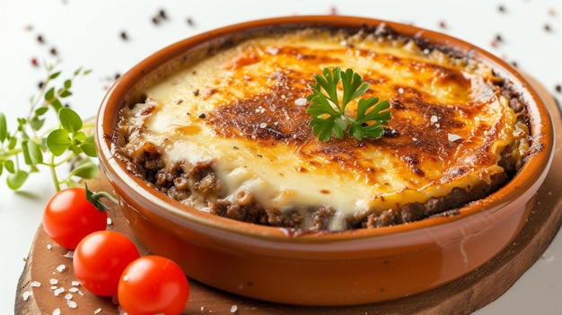 a Mediterranean Cuisine Moussaka with isolated on white background