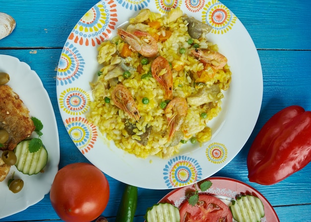 Mediterranean cuisine. Paella Valenciana with seafood