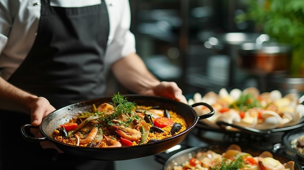 a Mediterranean Cuisine Paella Waiter serving in motion on duty in restaurant The waiter carries dishes