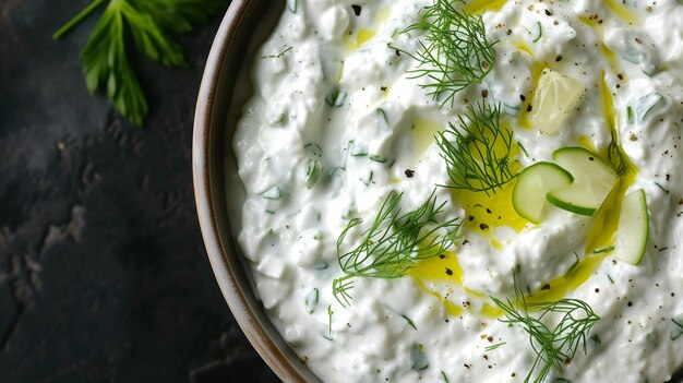 지중해 요리 Tzatziki 극단적 인 클로즈업 상단 뷰