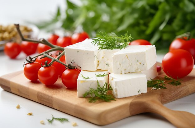 白い木製の板の上にトマトで作られた地中海料理のフェタチーズ