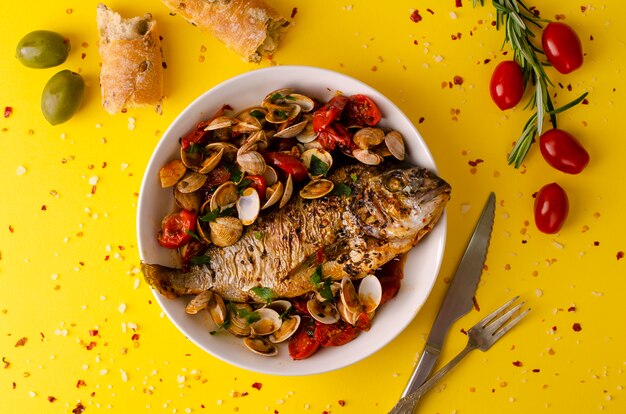 Mediterranean food concept. Bream and clams with tomatoes cherry