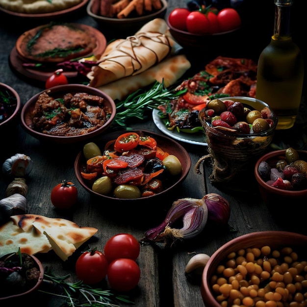 Foto cibo mediterraneo su uno sfondo rustico di legno scuro