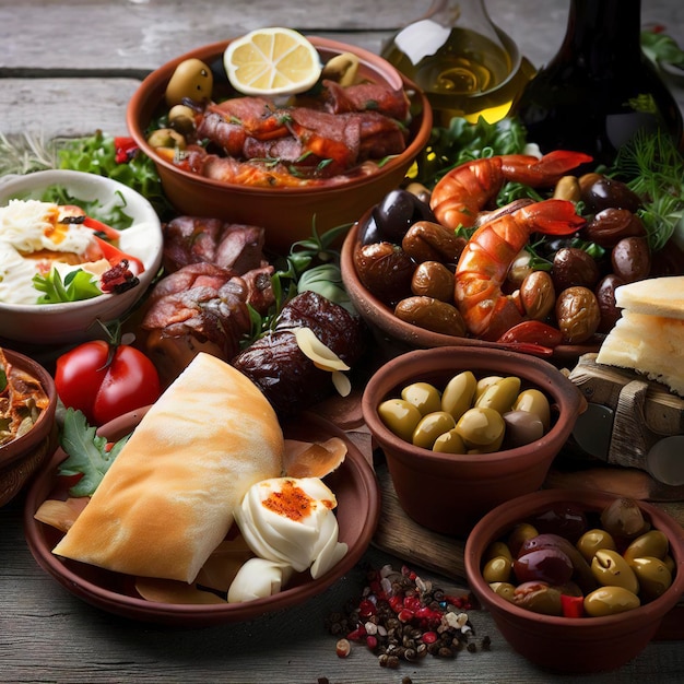 Средиземноморская еда на сером деревянном деревенском фоне