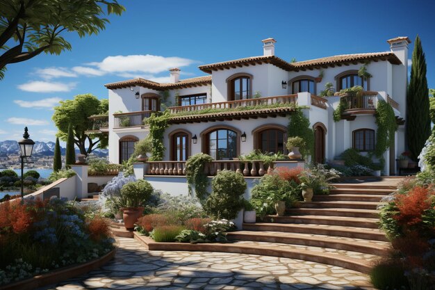 Mediterranean house exterior with beautiful front garden fountain and terracotta colors