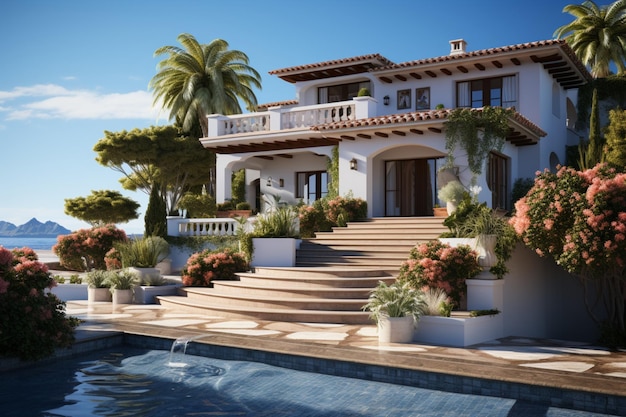 Mediterranean house exterior with beautiful front garden fountain and terracotta colors