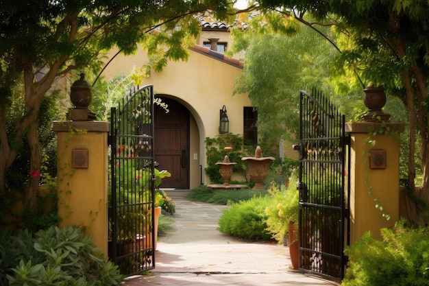 Mediterranean house with arched entry gate lanterns and lush greenery created with generative ai