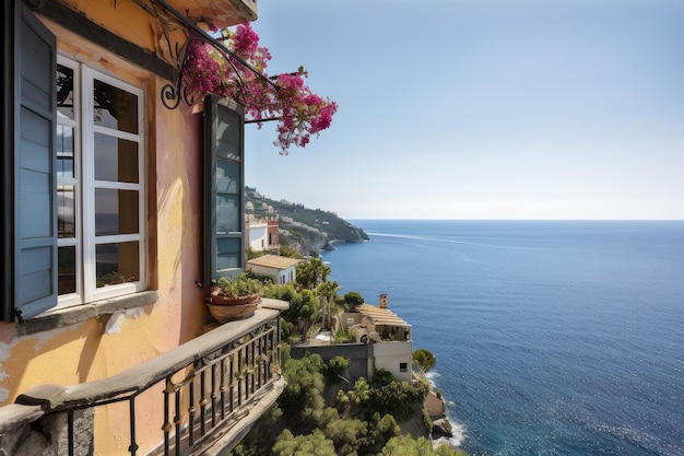 Mediterranean house with balcony and stunning view of the sea created with generative ai