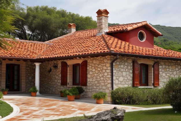 生成 AI で作成された、赤土の屋根と石造りの外壁を持つ地中海の家