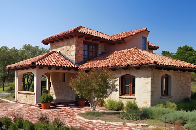 Mediterranean house with red clay roof and stone exterior created with generative ai
