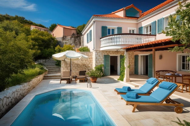 Foto casa mediterranea con piscina e lettini prendisole su terrazza creata con ai generativa
