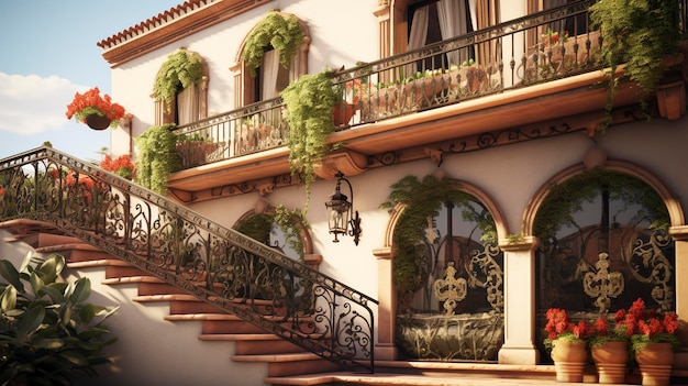 A Mediterranean house with wrought iron details and balconies