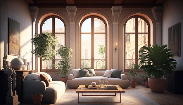 Mediterranean indoor plant beautiful living room design AI Generated image