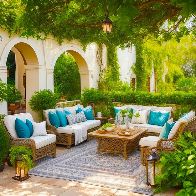 A mediterranean inspired outdoor patio with comfortable seating generated by ai