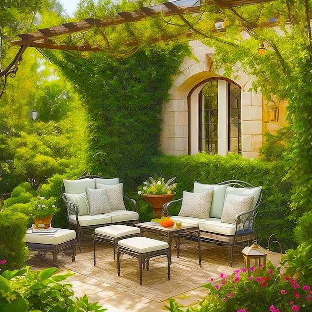 A mediterranean inspired outdoor patio with comfortable seating generated by ai