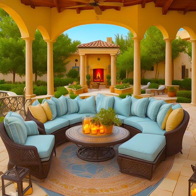 A Mediterranean inspired outdoor patio with comfortable seating and lush greenery generated by AI