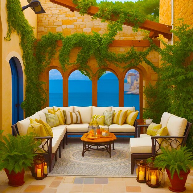 A Mediterranean inspired outdoor patio with comfortable seating and lush greenery generated by AI