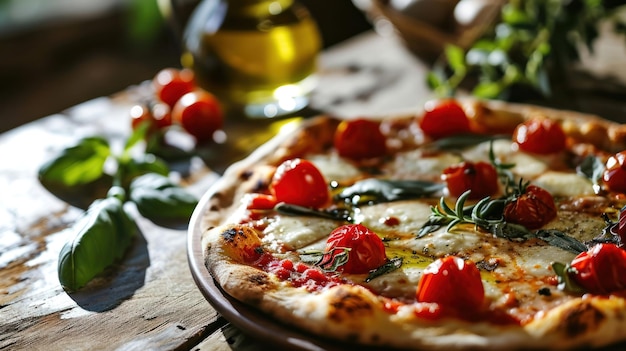 Mediterranean inspired pizza on a bistro table with olive oil and herb
