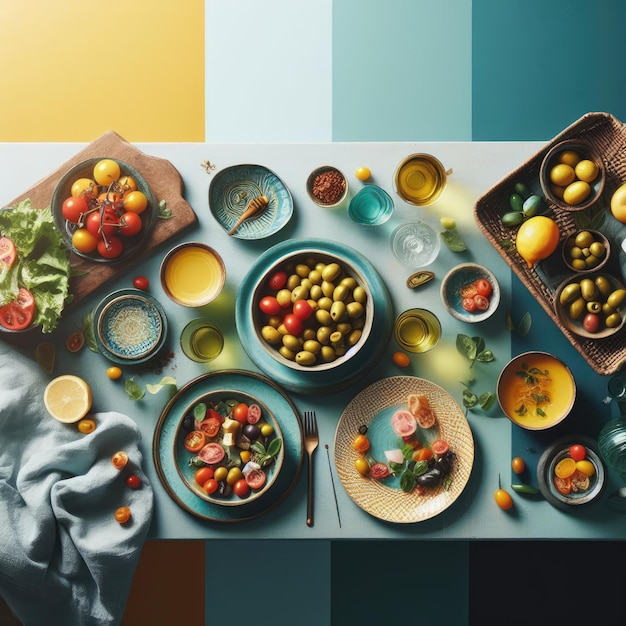 Mediterranean inspired table laden with colorful dishes