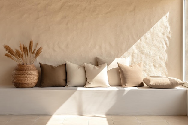 Mediterranean interior design composition with pillows Minimalistic concept Generative AI