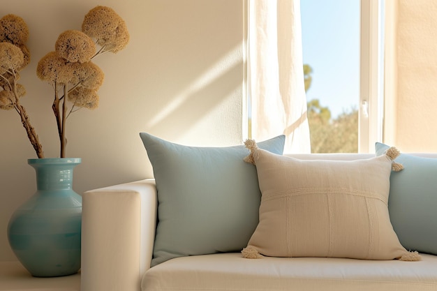 Mediterranean interior design composition with pillows Minimalistic concept Generative AI