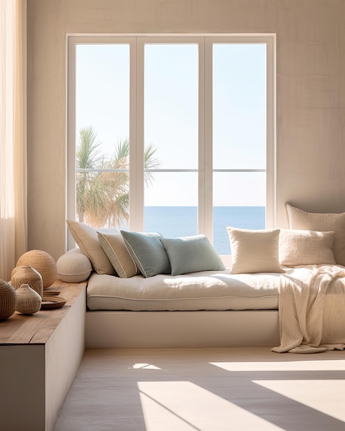 Mediterranean interior design composition with pillows Minimalistic concept