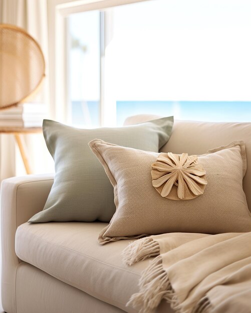 Mediterranean interior design composition with pillows Minimalistic concept