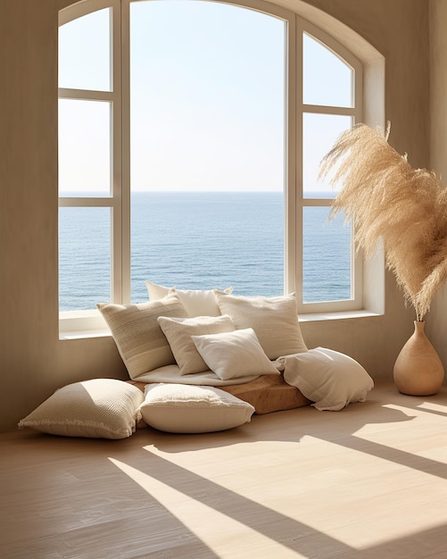 Mediterranean interior design composition with pillows Minimalistic concept