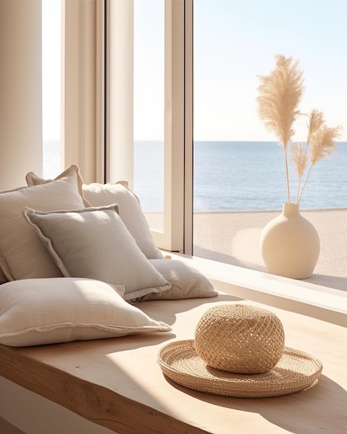 Mediterranean interior design composition with pillows Minimalistic concept