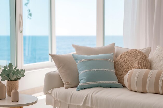 Средиземноморская композиция дизайна интерьера с подушками Минималистическая концепция