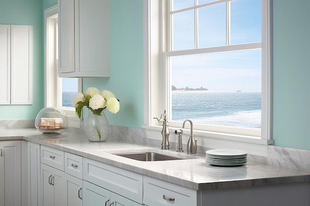 Mediterranean Kitchen with blue walls and large window sea view