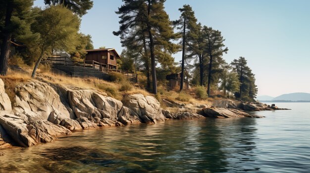 Photo mediterranean landscapes cabin and trees by the water