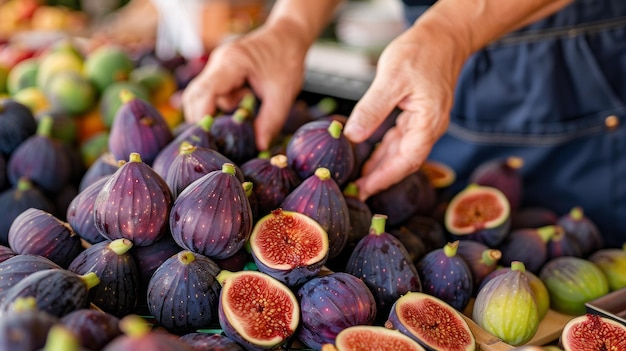 Mediterranean market with hands selecting ripe figs