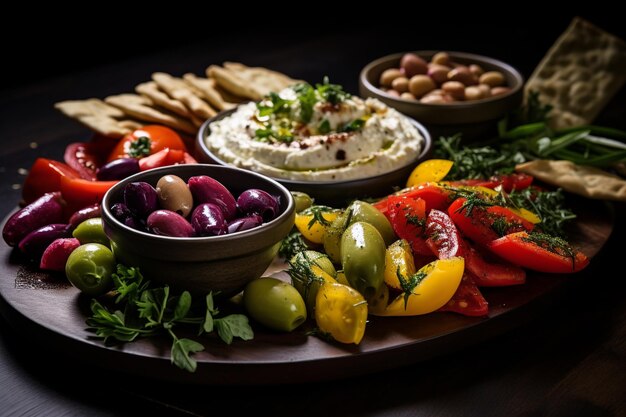 Mediterranean Meze Feast Een levendige professionele voedselfoto met een gevarieerd Meze Platter