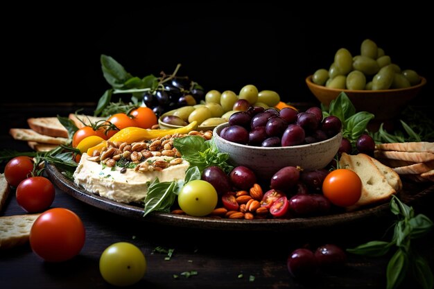 Mediterranean Meze Feast A vibrant professional food photograph showcasing a diverse Meze Platter