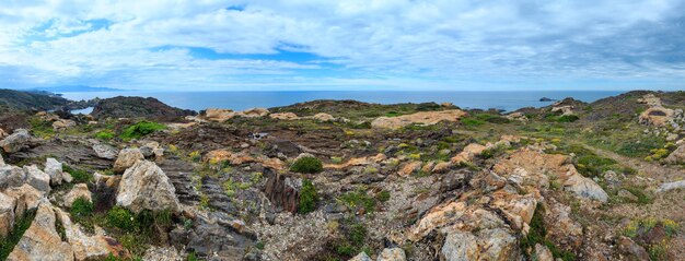 Costa rocciosa mediterranea vista estiva da creus cape (cap de creus), costa brava, catalogna, spagna.