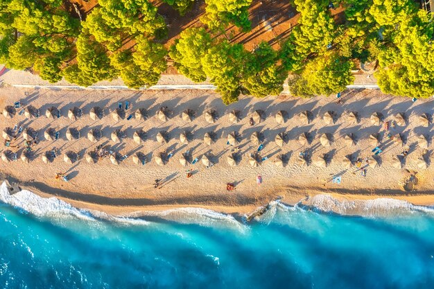 Mediterranean sea Aerial view on the beach and people Vacation and adventure Beach and blue water Top view from drone at beach and azure sea Travel and relax image