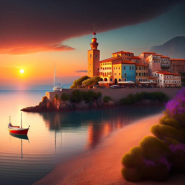 Mediterranean Sea at sunrise small old town and yacht Digital artwork