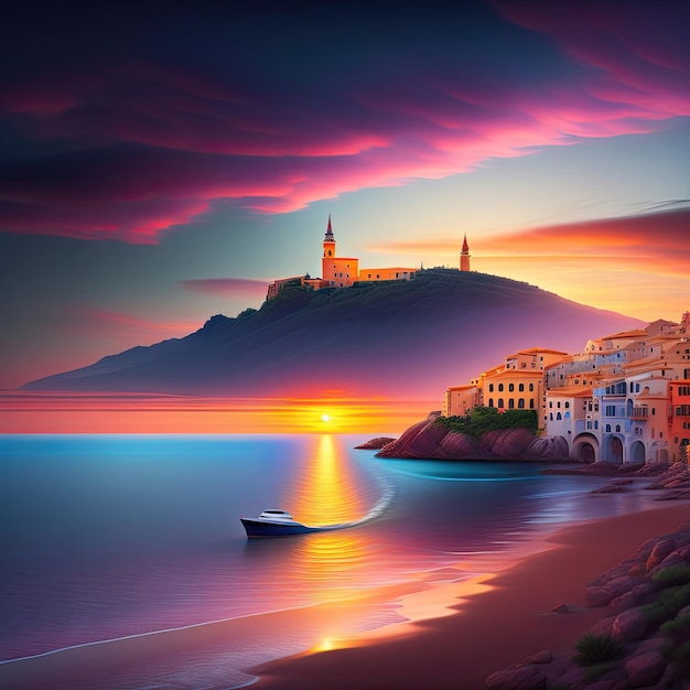 Mediterranean Sea at sunrise small old town and yacht Digital artwork