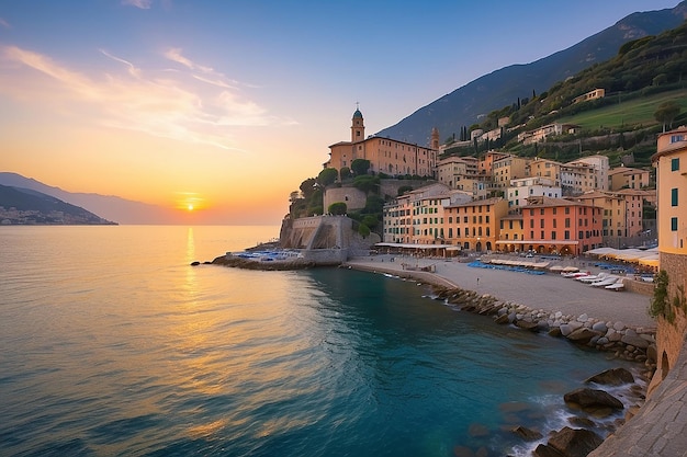 Mediterranean Sea at sunrise small old town and yacht Europe Italy Camogli