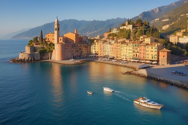 Mediterranean Sea at sunrise small old town and yacht Europe Italy Camogli