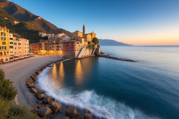 Mediterranean Sea at sunrise small old town and yacht Europe Italy Camogli