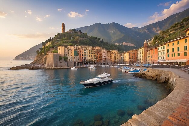 Mediterranean Sea at sunrise small old town and yacht Europe Italy Camogli